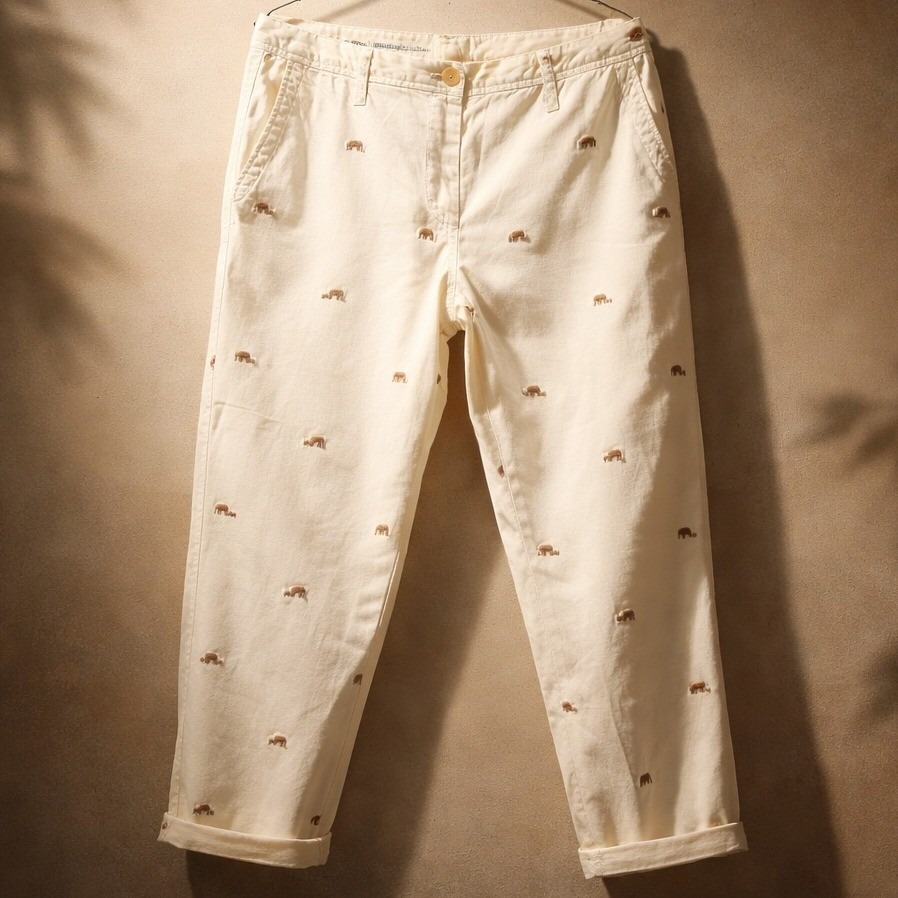 Talbots Relaxed Chino Pants Womens 8p Cream Embroidered Elephant Cotton Blend